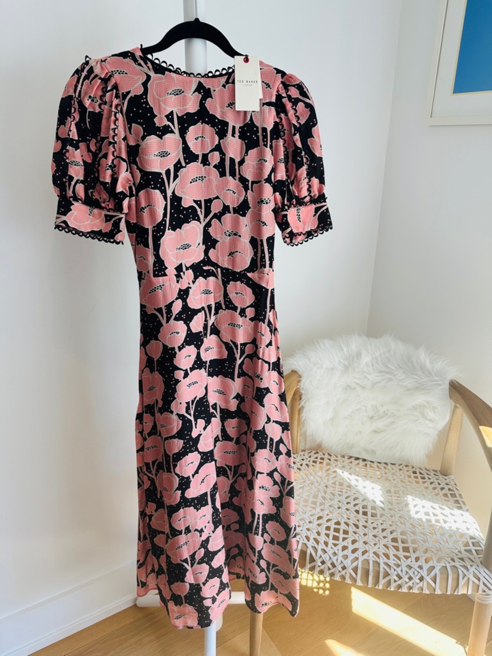 Ted Baker Astrydd Black and Pink Floral Midi Tea Dress with Puff Sleeves